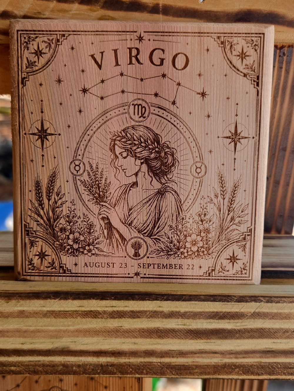 Virgo Wood Zodiac Décor Coaster- Natural Brown